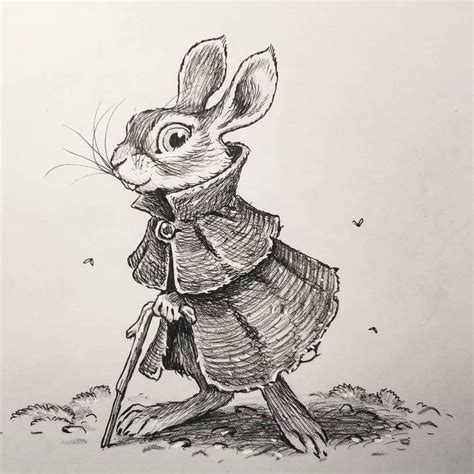 A Drawing Of A Rabbit Dressed In Clothes And Holding A Cane With Its