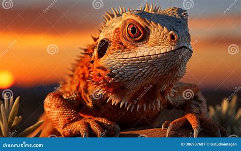 Spooky Sunset Cute Lizard Orange Scales Horned Head Looking