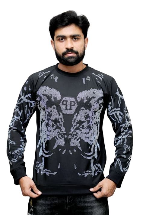 Full Sleeves Black Double Lion Patten Diamand Stone T Shirts Size