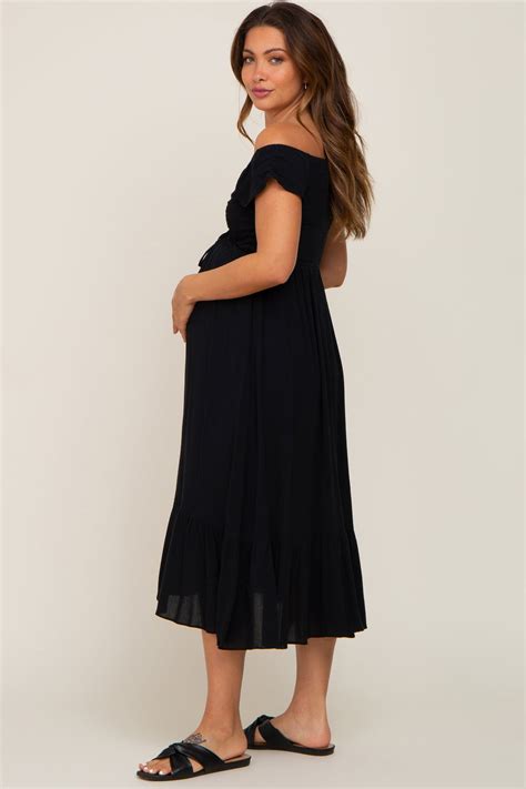 Black Smocked Ruched Ruffle Hem Maternity Maxi Dress Pinkblush