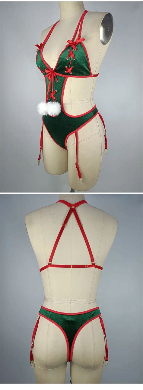 Wholesales Women Sexy Green Lace Velvet Christmas Lingerie Set New Female Bow Bowknot Teddy