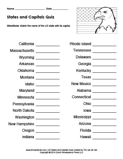 Printable Us States And Capitals Quiz Practice Test Pdf