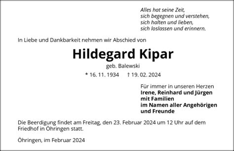 Traueranzeigen Von Hildegard Kipar Trauerundgedenken De