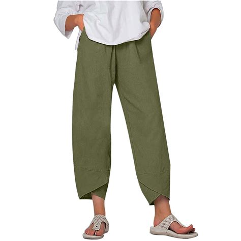 Womens Plus Size Cotton Linen Capris Womens Capri Pants Solid Casual