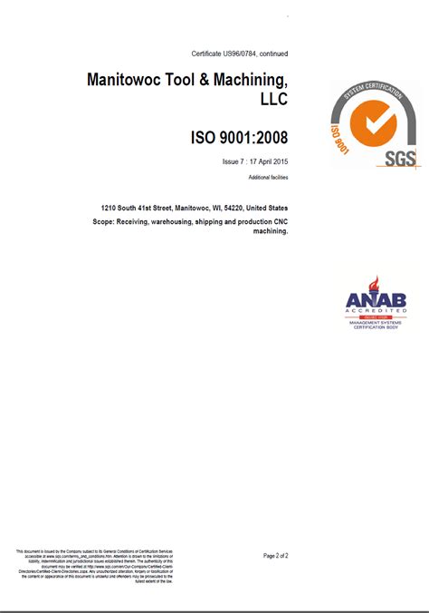 ISO Cert 1 - Manitowoc Tool & Machining, LLC