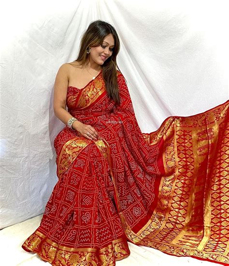 Red Bandhani Saree With Heavy Zari Weaving Block Print Monastoor Indian Ethnical Dress