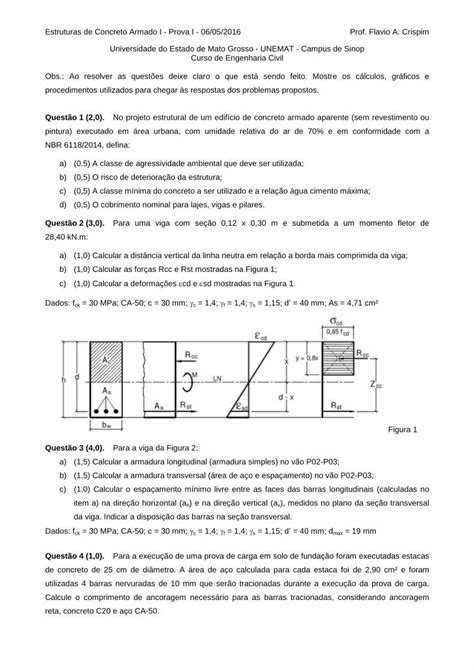 Pdf Estruturas De Concreto Armado I Prova I Sinop