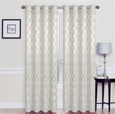 2 Pack 100 Blackout Metallic Foil Trellis Designed Curtains Beige