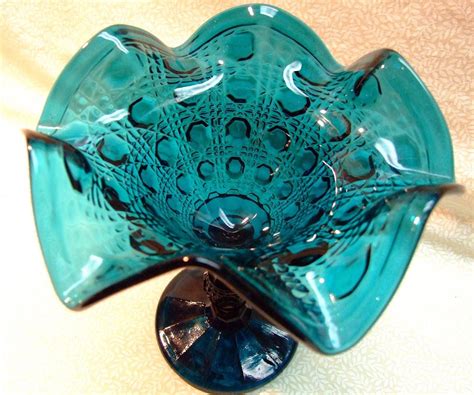 Vintage Teal Blue Ruffled Pedestal Glass Compote Candy Dish