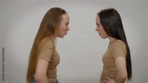 Side View Furious Angry Twin Sisters Yelling Shouting Gesturing Arguing