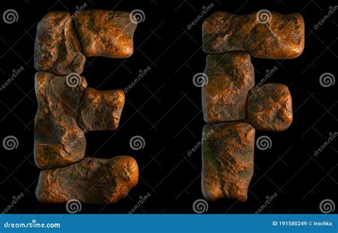 Set Of Rocky Letters E F Font Of Stone On Black Background Stock