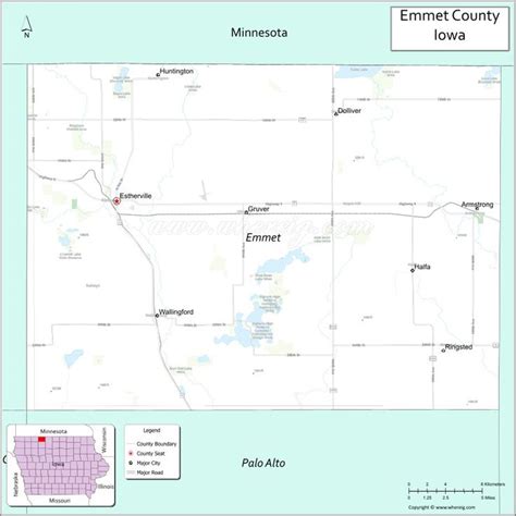 Map of Emmet County, Iowa showing cities, highways & important places ...