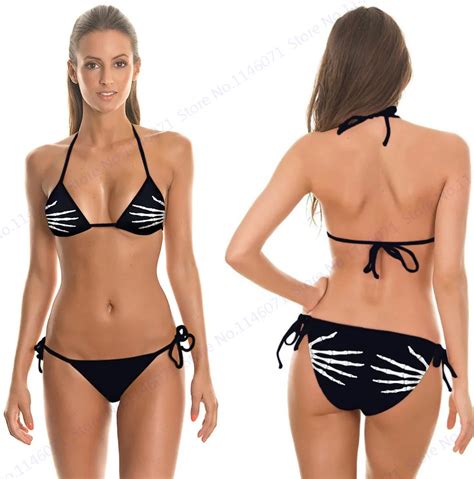 Skeleton Fingers Printed Bikini Set Skull Pieces Bandage Strappy