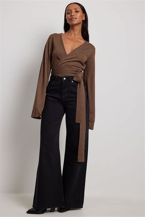 glitter knitted wrap top brown na kd