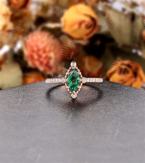 Vintage Marquise Cut Emerald Engagement Ring Rose Gold | Etsy