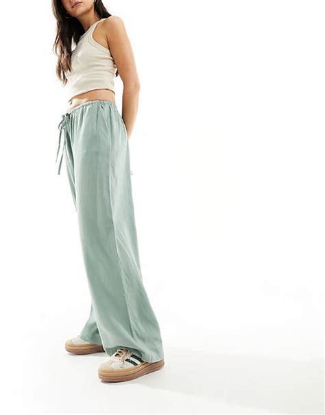 Asos Design Wide Leg Pull On Trouser With Linen In Green Asos