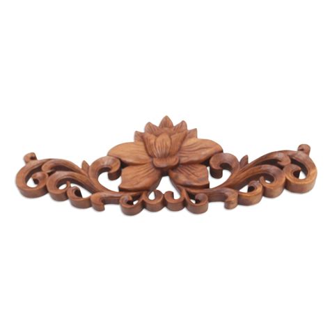 UNICEF Market Suar Wood Balinese Lotus Relief Wall Sculpture Single