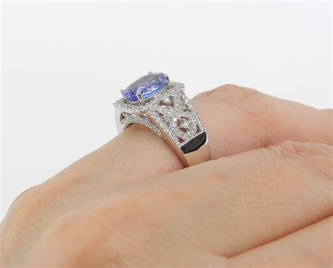 Tanzanite Halo Ring 14k White Gold Diamond Ring Tanzanite Engagement