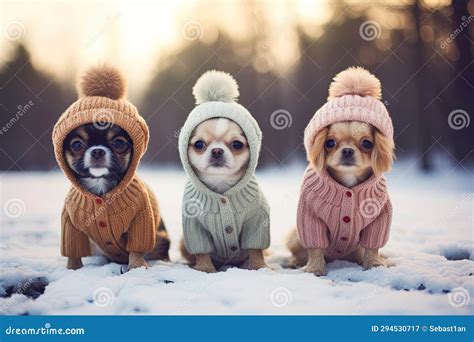 Cute Dogs Decked Out In Stylish Clothes Playfully Explore A Snowy