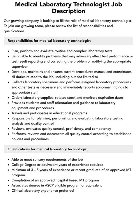 Medical Laboratory Technologist Job Description Velvet Jobs