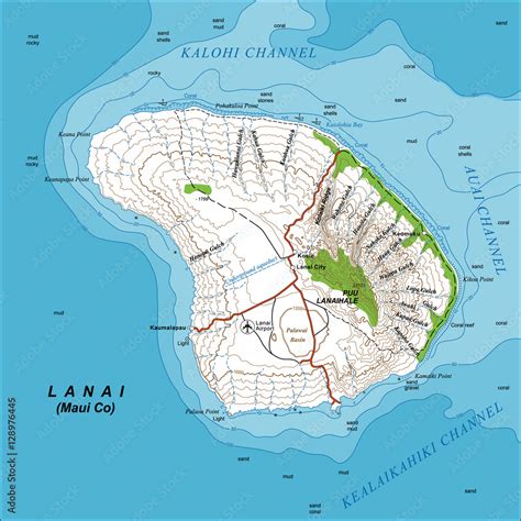 Detailed Large Scale Topographic Map Of Lanai Island Hawaii With