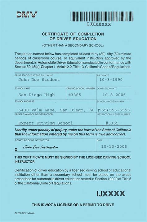 Sample Dmv Certificate Of Completion Of Driver Education