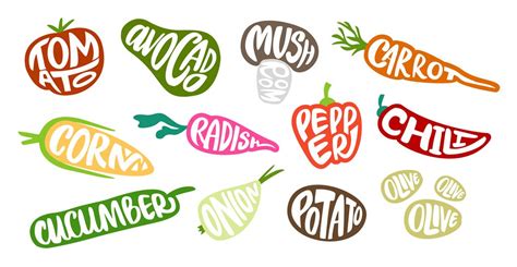 Vegetables Lettering Grocery Badges With Typographical Vegetable Name