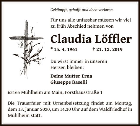 Traueranzeigen Von Claudia L Ffler Trauer Op Online De