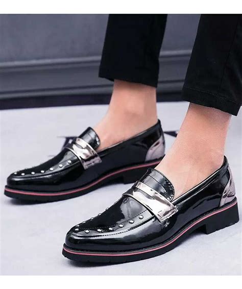 Black Silver Rivet Buckle Patent Slip On Dress Shoe Slip On Dress