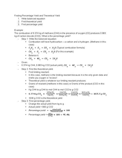 Chem I Note Percentage Yield Finding Percentage Yield And Theoretical Yield 1 Write Balanced