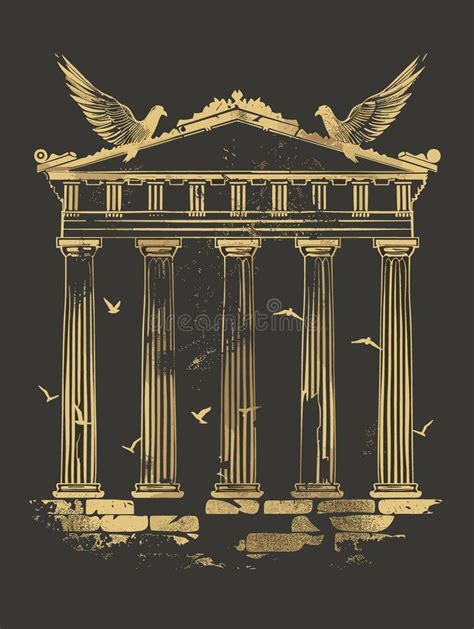 Grunge Vector Illustration of Ancient Greek Temple with Birds. for Your ...