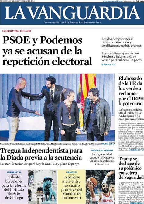 Portada del diario La Vanguardia del día 11 09 2019 News Europa