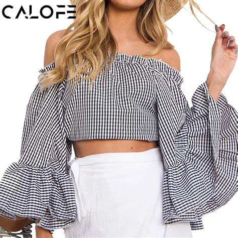 Calofe Off Shoulde Plaid Lady Blouse Spring Fashion Shirt Women