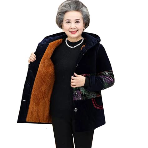 Middle Aged Womens Grandmother Winter Hooded Jackets Warm Thick Loose Corduroy Cotton Coat