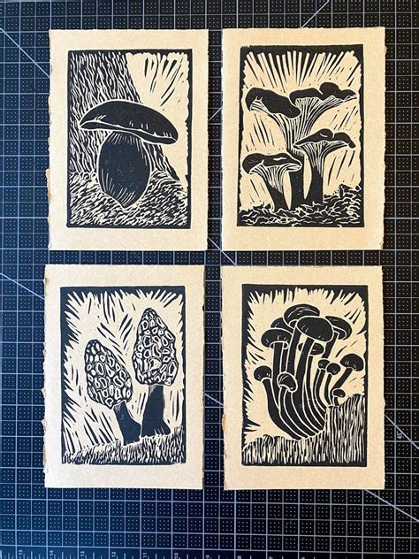 Mushrooms Set Of Block Prints Linocut Print Series Of Etsy