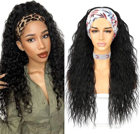 Sapphirewigs Curly Headband Wig Long Black Synthetic Wig Loose Water