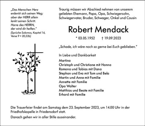 Traueranzeigen Von Robert Mendack Vrm Trauer De