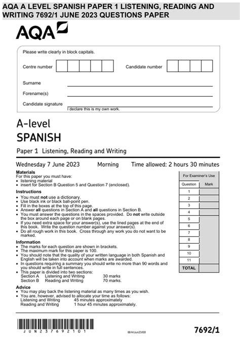 Aqa A Level Spanish Paper 1 Listening Reading And Writing 76921 June