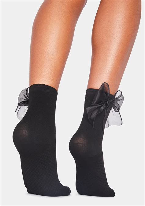 Sheer Mesh Bow Ankle Socks Black Dolls Kill