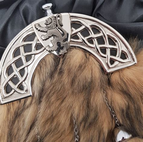 Grey Fox Fur Kilt Sporran With Chrome Celtic Shield Lion Cantle And