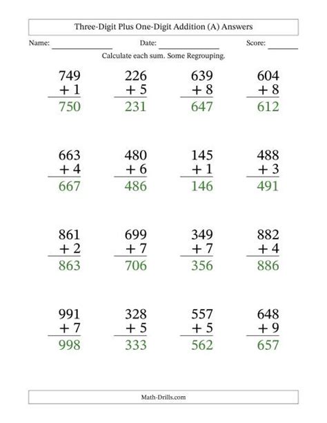 Large Print 3 Digit Plus 1 Digit Addition With Some Regrouping A