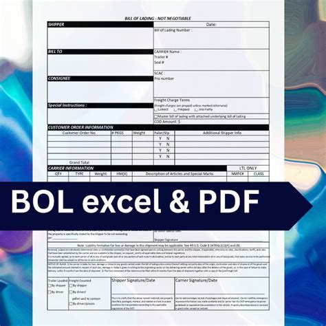 Bill Of Lading Template Pdf And Excel Business Form Template Bol Digital Download Editable