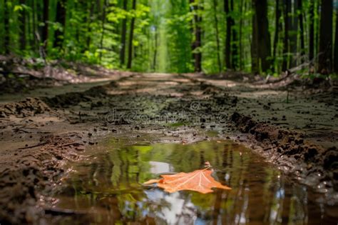 Leaf Floating In A Small Puddle On A Forest Trail Stock Photo Image