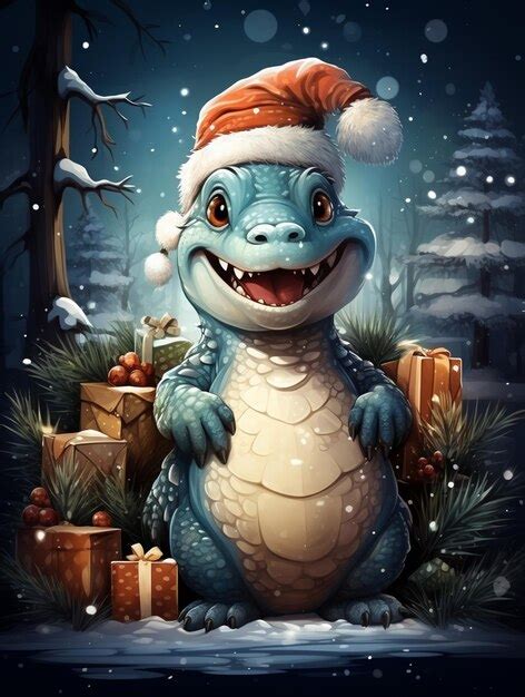 Premium Ai Image A Close Up Of A Cartoon Dinosaur Wearing A Santa Hat