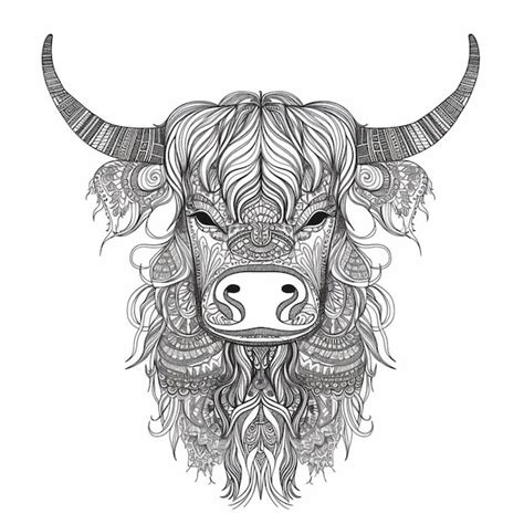 Um Desenho Preto E Branco De Uma Vaca Longos Chifres Generativos Ai