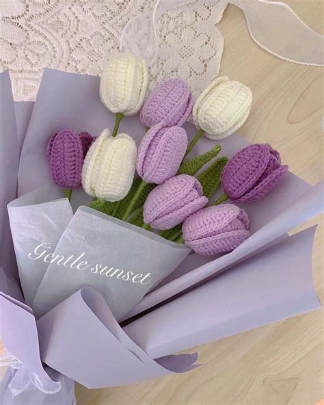 Pretty Purple Series Crochet Tulip Flower Bouquet For Home Decor