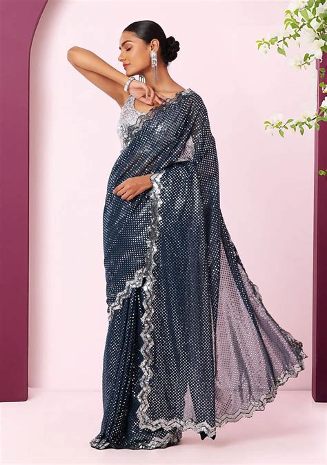 Buy Women Teal Tonal Silver Sequin Embroidered Saree With Blouse