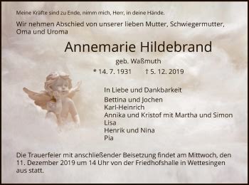 Traueranzeigen Von Annemarie Hildebrand Trauer Hna De