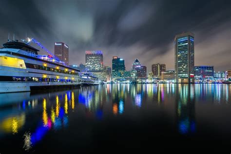 The Inner Harbor Skyline at Night in Baltimore, Maryland Editorial ...