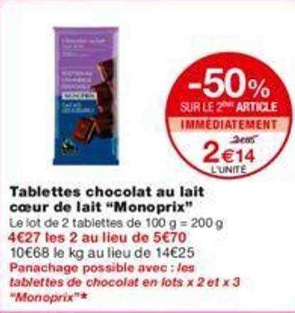 Promo Tablettes Chocolat Au Lait C Ur De Lait Monoprix Chez Monoprix